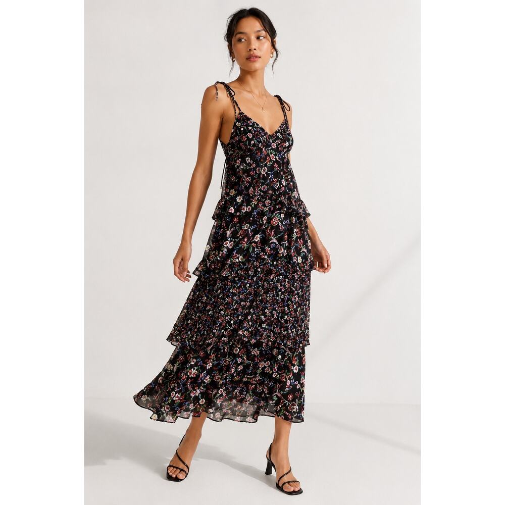 Club Monaco Suuki Floral Tiered Midi Dress Romantic Ruffle Black Size 10